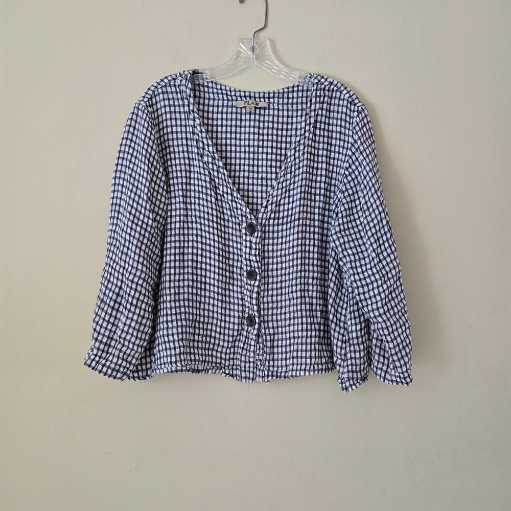 FLAX Women Navy White Gingham Linen V-Neck Button Front Boxy Top Size M - Picture 2 of 7